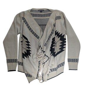 Double Zero Open Front Drape Cardigan Sweater Tan Black Gold Aztec Tribal*SZ M